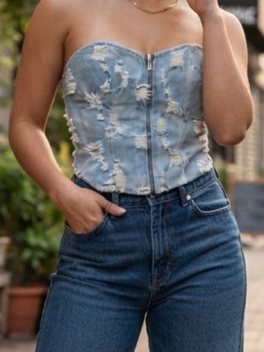 Light Wash Distressed Denim Corset Crop Top with Front Zip